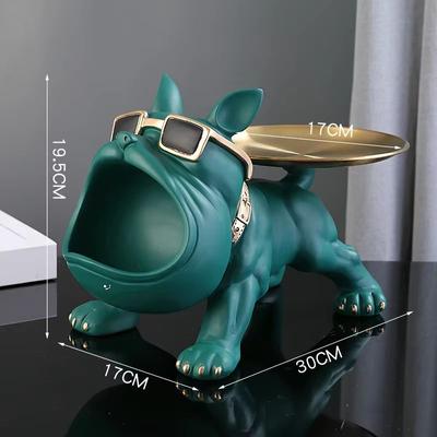 Inspired Finds 11.8in Bulldog Storage Statue Resin Dog Figurine With Tray For Home Decor green