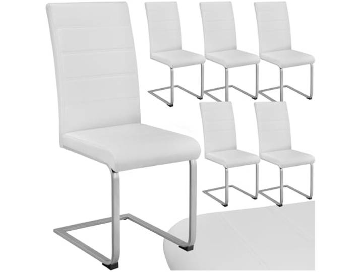 tectake Freischwinger Schwingstuhl, Stuhl 6er Set, Moderne Esszimmerstühle oder Küchenstühle mit strapazierfähigem Kunstleder Bezug - weiß