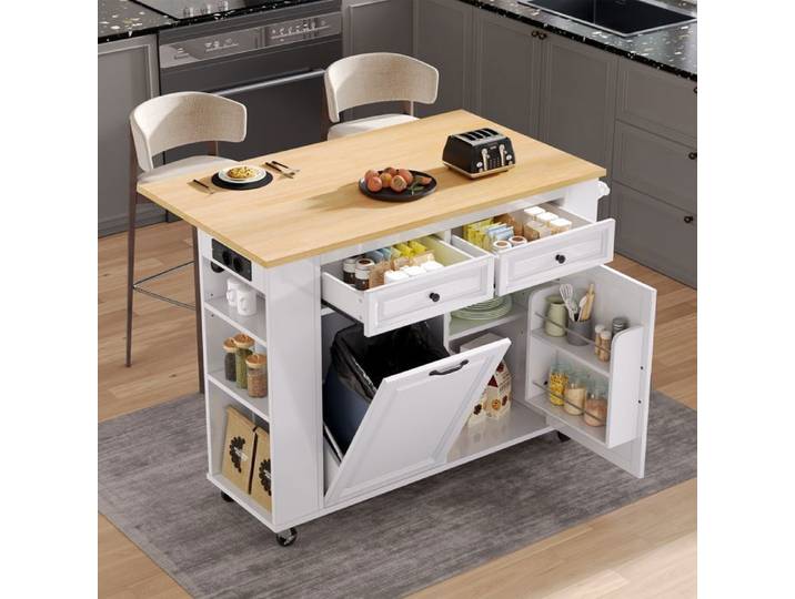 Île de cuisine avec rouleaux Table à manger extensible Île de cuisine avec compartiment de conteneur à déchets et