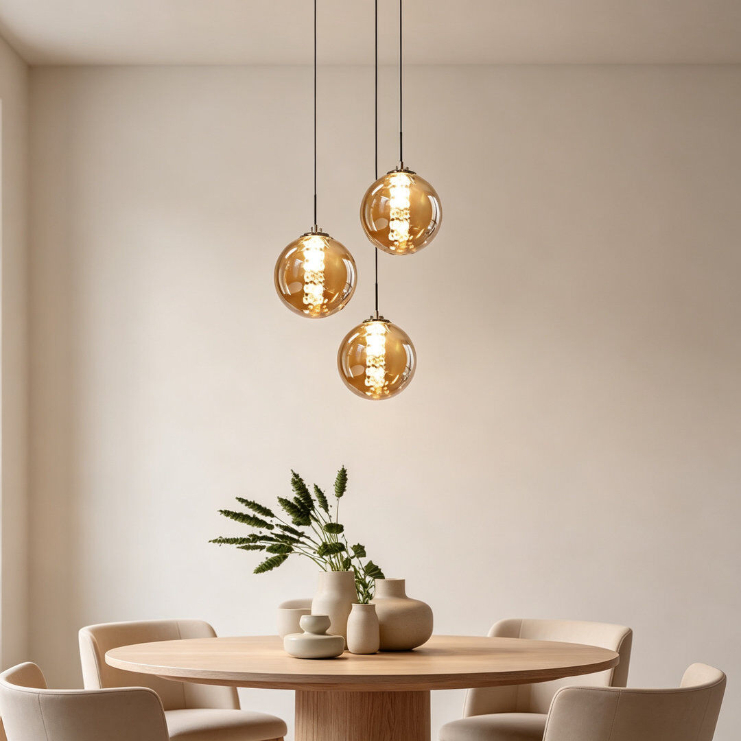 George Oliver Amice 3-Light G9 LED Height Adjustable Glass Pendant Light, 3000K for Kitchen Island Dining Room Amber 15cm H X 28cm W X 28cm D