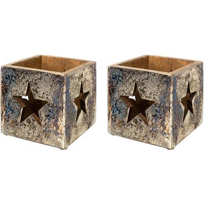 Windlicht CREATIV DECO "Weihnachtsdeko", silber (silberfarben), B:13cm H:13cm T:13cm, Holzwerkstoff, Kerzenhalter, Windlicht, mit eleganter silberfarbener Folierung, 2er Set