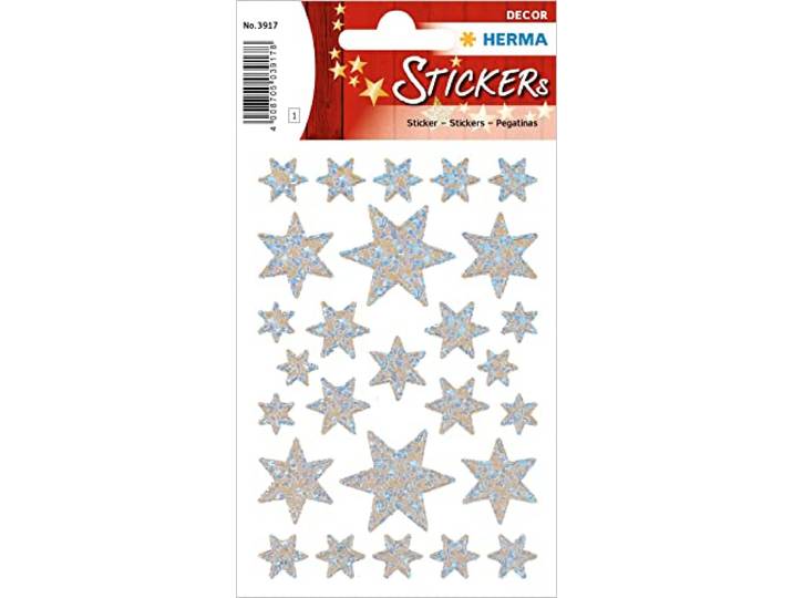 HERMA 3917 Kerststickers, zilveren sterren, 6-puntig (27 stickers, folie, holografisch) zelfklevende kerstdecoratie, permanent hechtende etiketten voor Kerstmis, geschenken, adventskalender