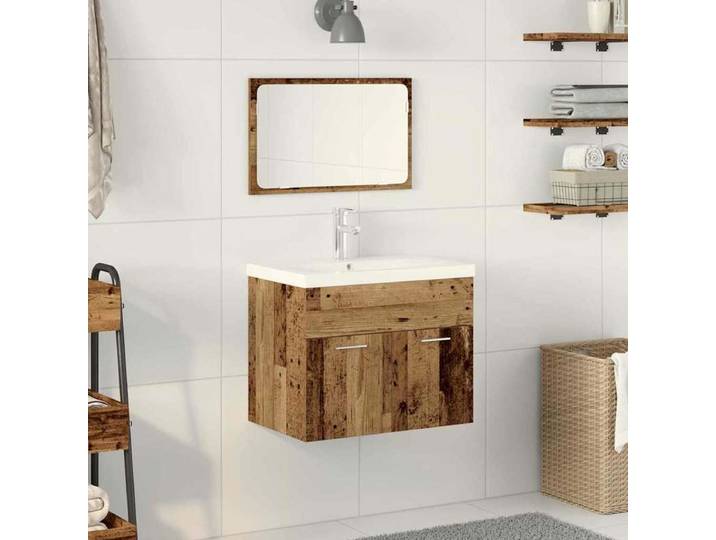 Ensemble de meubles de salle de bain avec meuble-lavabo, lavabo intégré et miroir – ensemble de meubles de salle de bain modernes en bois et céramique