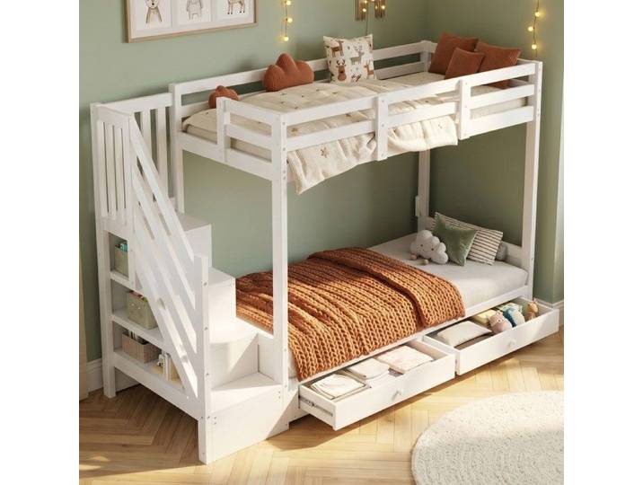 Lit superposé enfant 90x200cm blanc multifonction escalier 2 tiroirs lit bas canapé avec coussins sans matelas