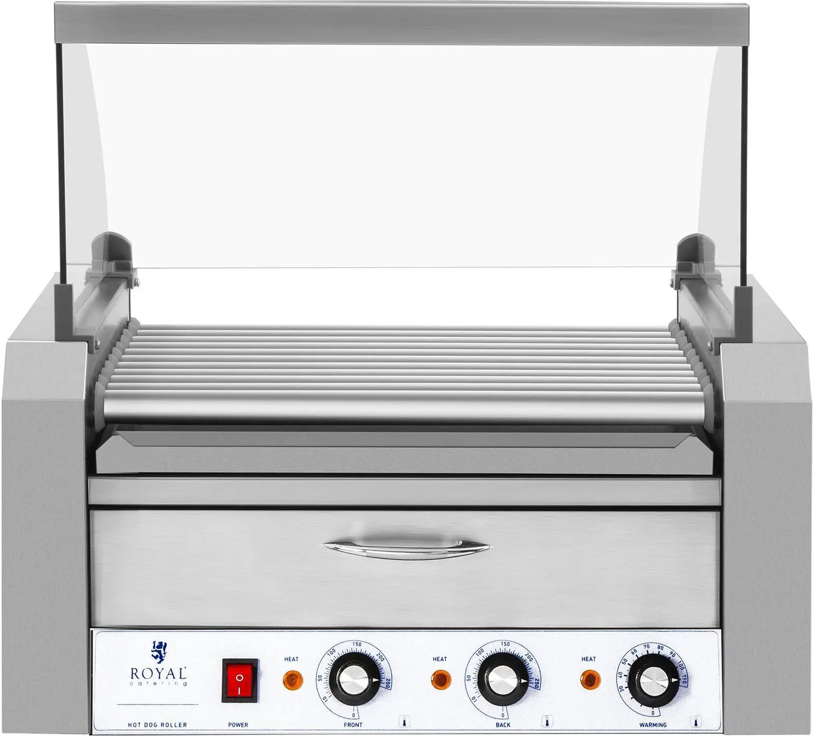 Royal Catering Hot-dog -grilli - 11 rullaa - lämpölokero - ruostumaton teräs RCHG-11WO