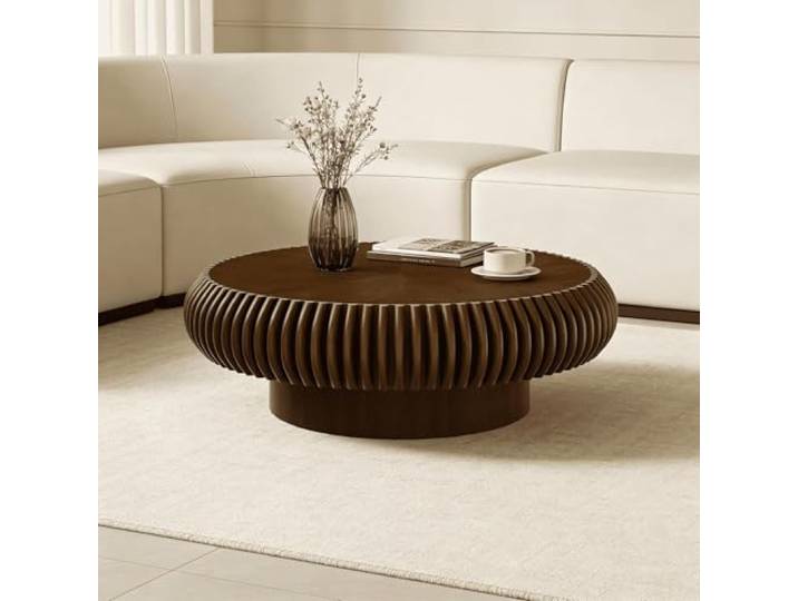 RZTPYS Moderner runder trommelförmiger Couchtisch, Walnut 80cm Holzerne runde gerillte Couchtische, luxuriöser runder Mittelcouchtisch & Akzent-Couchtisch für Wohnzimmer, Wohnung, Büro