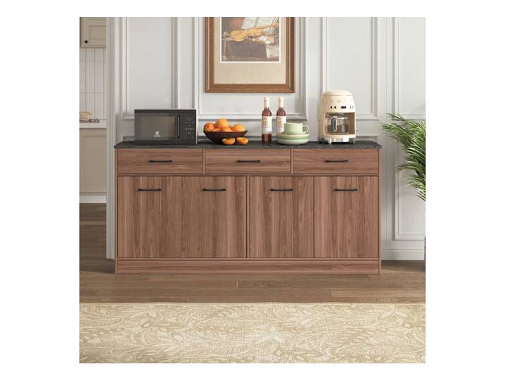 OKWISH Sideboard mit 3 Schubladen & verstellbaren Einlegeböden (Packung, 1 St., Kücheninsel 160x37x76,5cm in Walnuss-Optik mit Betonplatte), Vielseitiger Küchenschrank für Kochbereich & Aufbewahrung