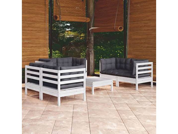 WDGJJFECNMUEHI Pin massif modulable 7 pièces Blanc Salon de jardin 7 pieces avec coussins bois de pin massif blanc table repose-pieds ensemble modulable exterieur