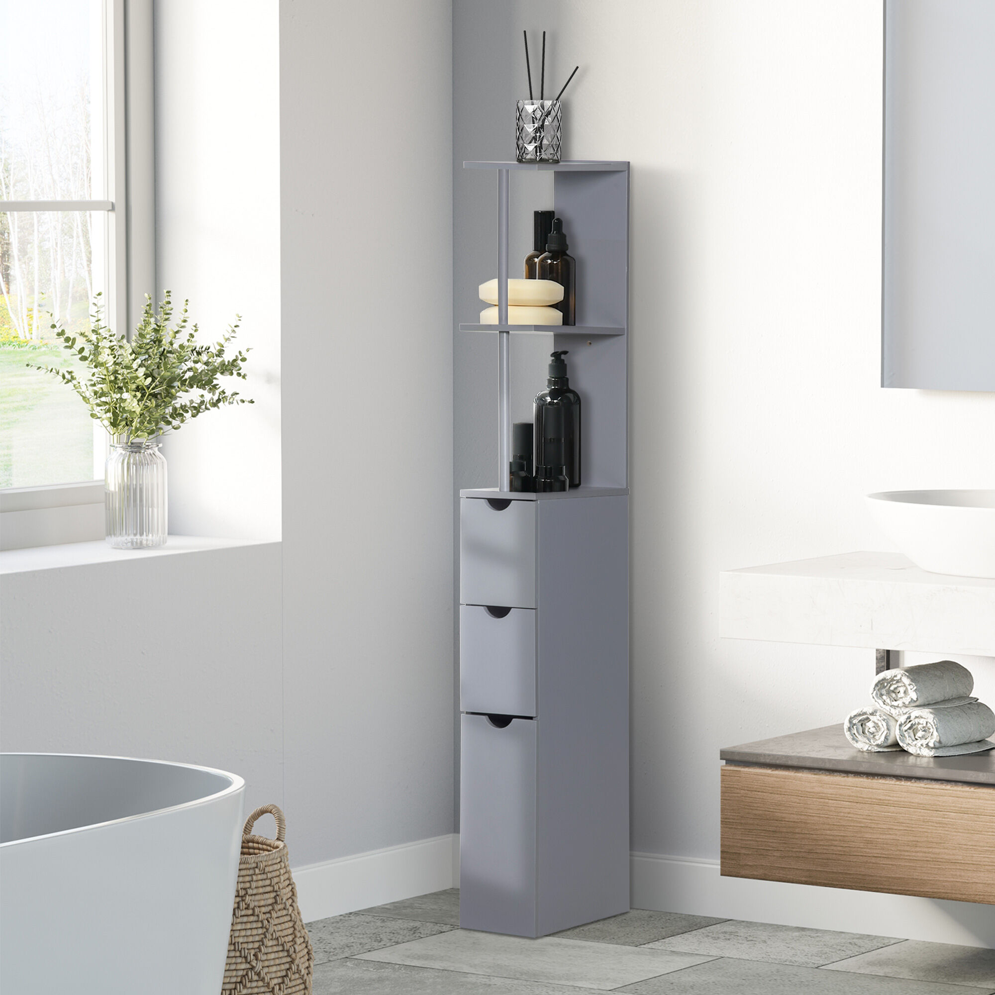 Altro Mobile Colonna Bagno Con Ripiani Aperti E Cassetti, In Legno, 15x33x136.8 Cm, Grigio