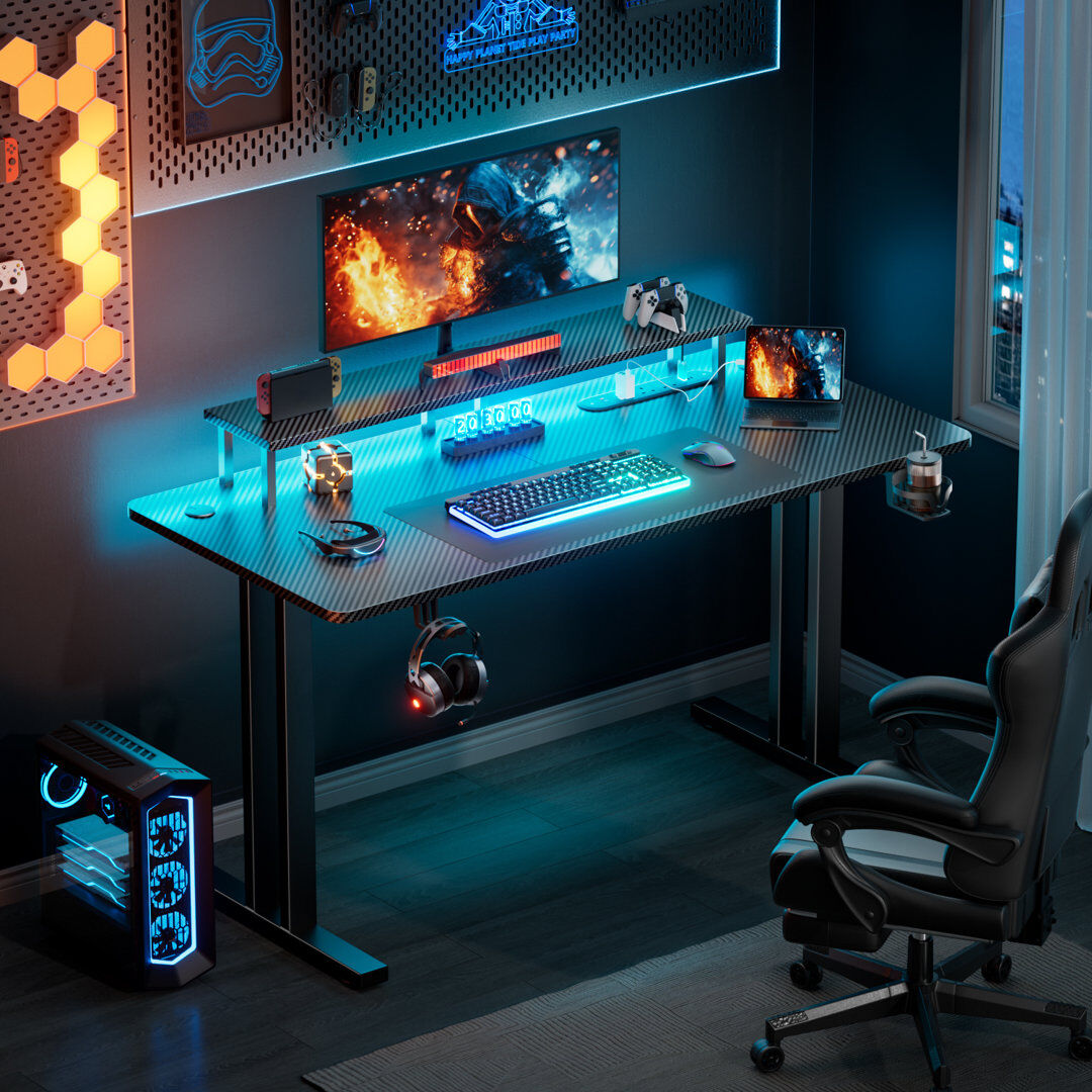 Inbox Zero Gaming Desk with LED Lights & Power Outlet, Computer Gamer Desk with Monitor Stand, Ergonomic Carbon Fiber Gaming Table Home Office Desk with Cup Hold Black 74cm H x 160cm W x 60cm D