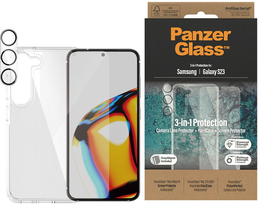 Samsung Galaxy S23 PanzerGlass 3-i-1 Bundle m. EasyAligner - Skærmbeskyttelse (UWF) / Bagsidecover / Kamerabeskyttelse - Gennemsigtig