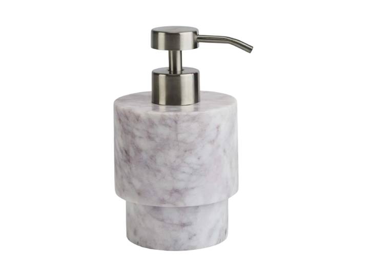Handgefertigter, luxuriöser Seifenspender „Porto“ 120 ml aus Marmor, Prunus Weissgrau marmoriert, Silber Aquanova