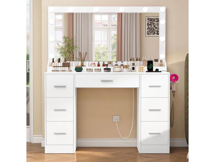 TEENFON Coiffeuse avec grand miroir et station de charge 12 ampoules LED Coiffeuse avec 7 tiroirs 107*40*139cm blanc