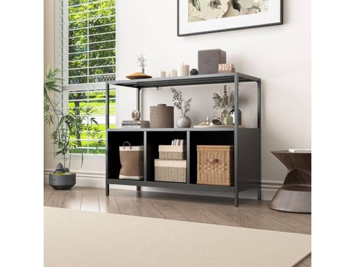 Coemo Sideboard Chicago, Schwarz, Kommode für Wohnzimmer aus Metall 3 Fächer mit 2 Regalteilen, Vitrine für Bücher und Deko, Industrial Sideboard, Industrieller Charme und Funktionalität
