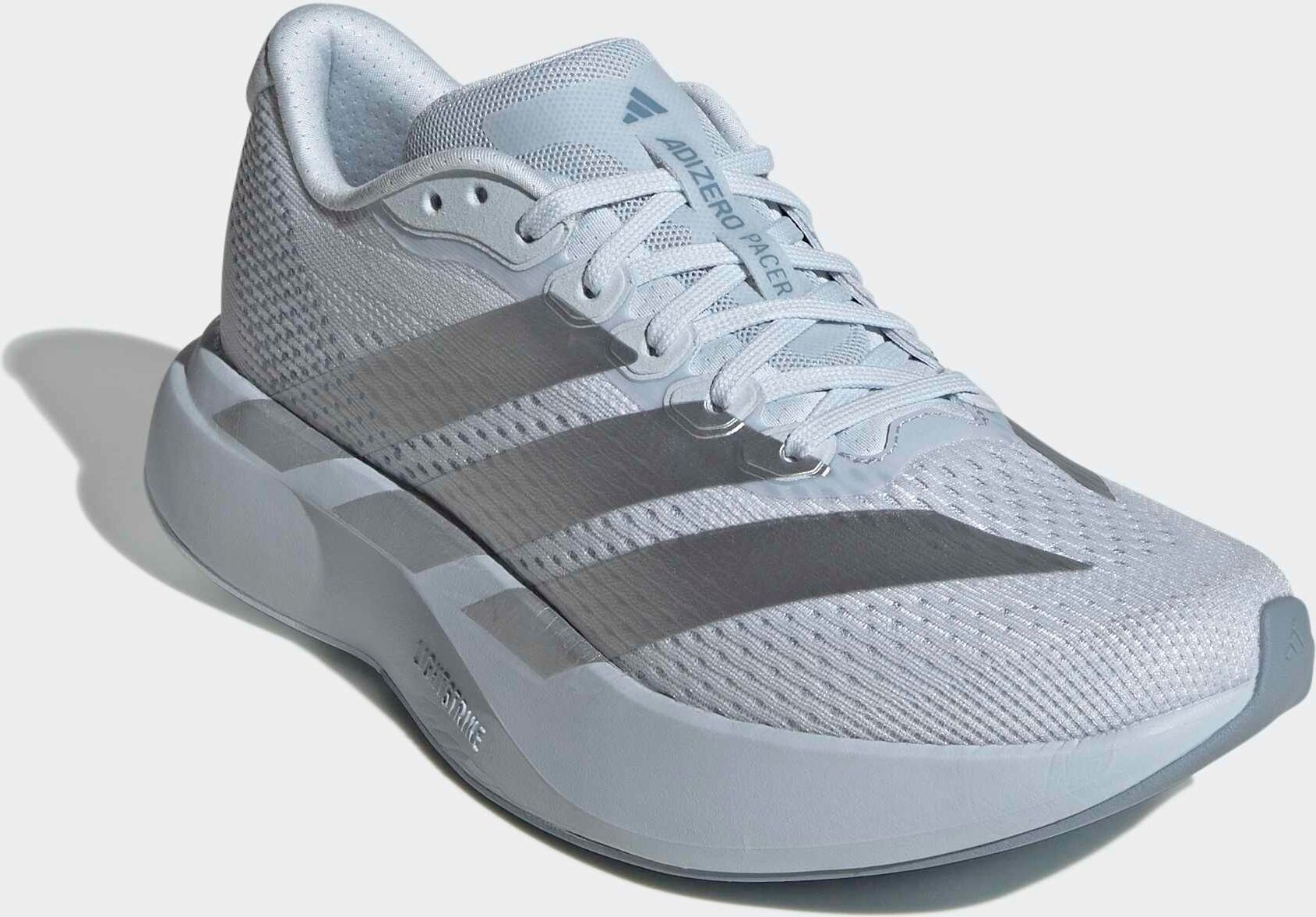 Laufschuh ADIDAS PERFORMANCE "ADIZERO PACER", Damen, Gr. 41, weiss (halo blau, silber metallic, tactile blau), Synthetik, Textil, Schuhe Laufschuh, angelehnt an das Design vom EVO SL, sehr leicht halo blau, silber metallic, tactile blau 41