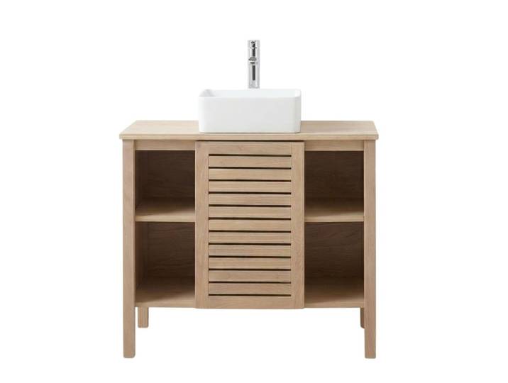 Ensemble simple vasque 90cm chêne avec vasque céramique carrée