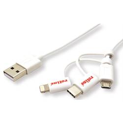 ROLINE USB 2.0 Sync- & Ladekabel, USB-A - USB-C / 8-Pin / USB MicroB, weiß, 1 m 11.02.8329