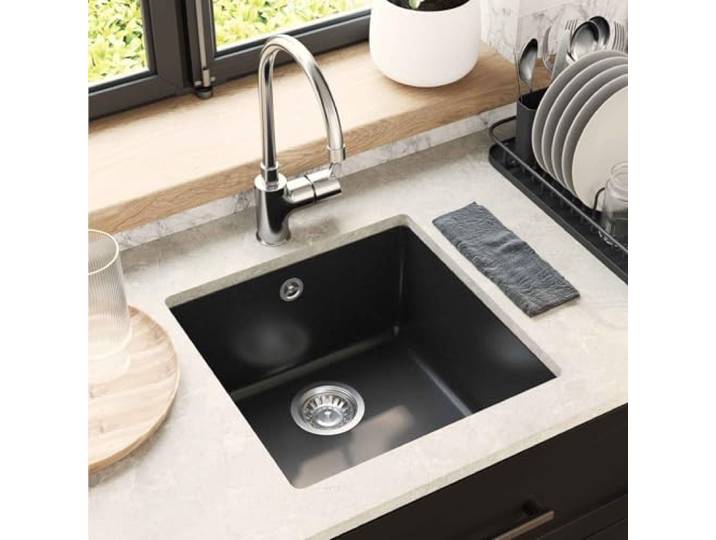 Küchenspüle, 430 x 460 mm, schwarz, aus Quarz und Harz Eine Wanne, Granit 80 % Quarz, 20 % Harz, vor allem für den Innenbereich, Korbventil