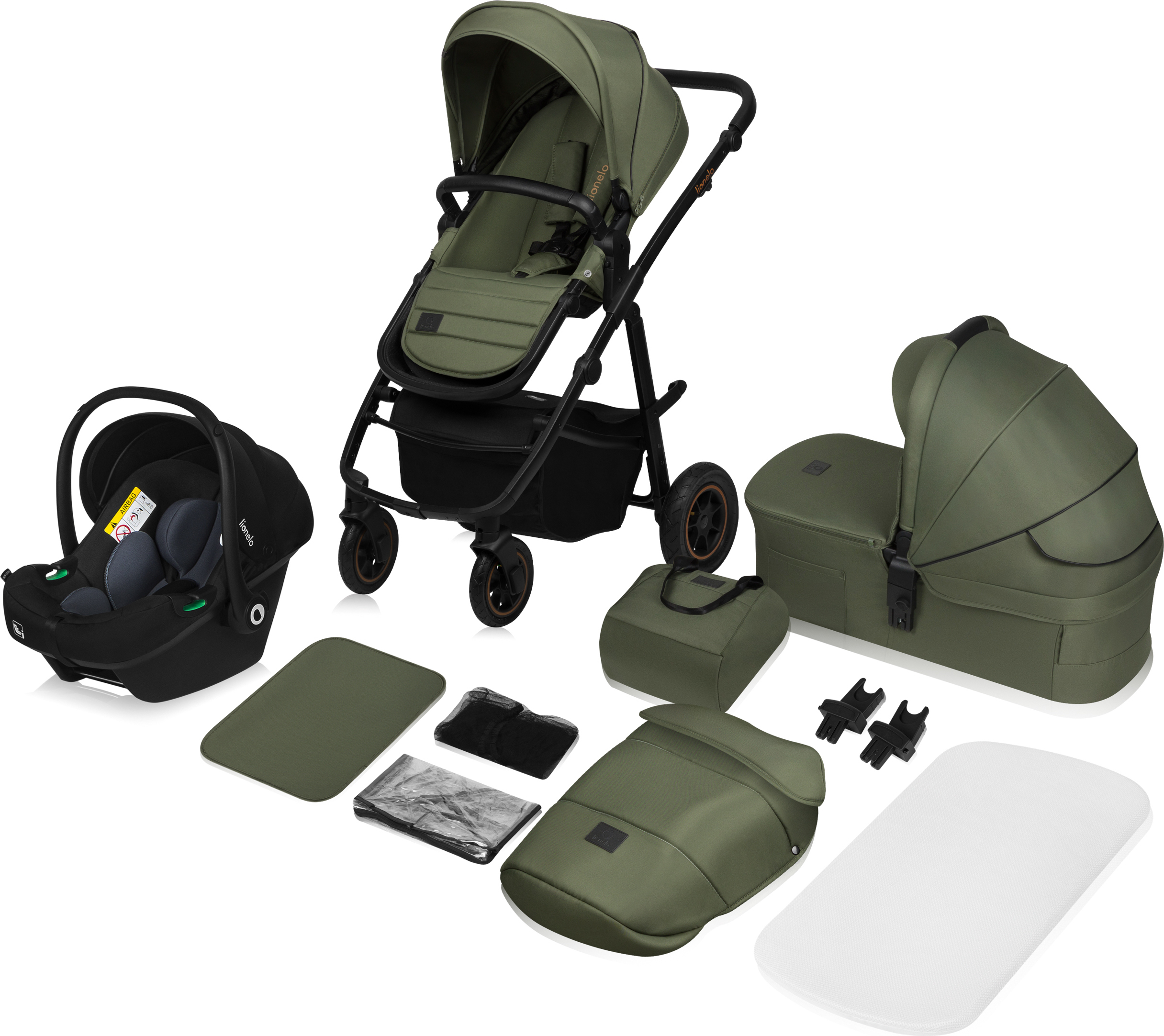 Lionelo Amber - Kombikinderwagen 3 in 1 - Set sportlicher, Sitz, fester Babywanne, Autositz, Tasche, Moskitonetz, Regenschutz - Green Forest