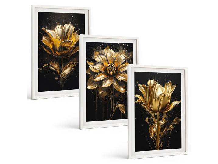 BILDER SET 3er Set - 40x60 cm Weißer Rahmen - Gelbe Blüten auf dunklem Hintergrund