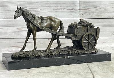 Bronzhaus Signed Original Working Imitative Horse With Carriage Bronze Statue Sculpture Figurine Art