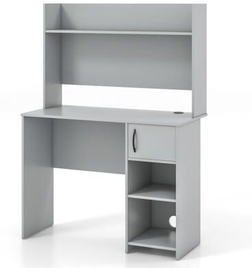 Costway Home Office Desk with Raised Display Shelf and 2 Open Shelves-Gray