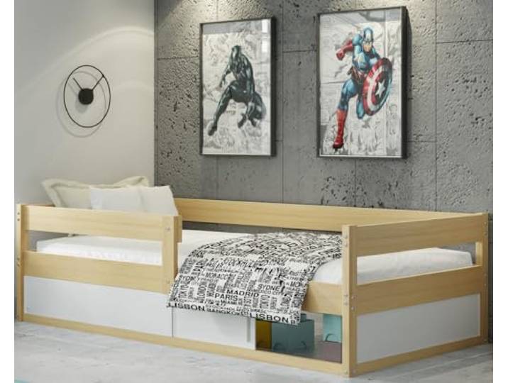 Interbeds Kinderbett Bodenbett Holzbett Einzelbett Montessori mit Rausfallschutz mit Lattenrost 160x80cm (Naturton)