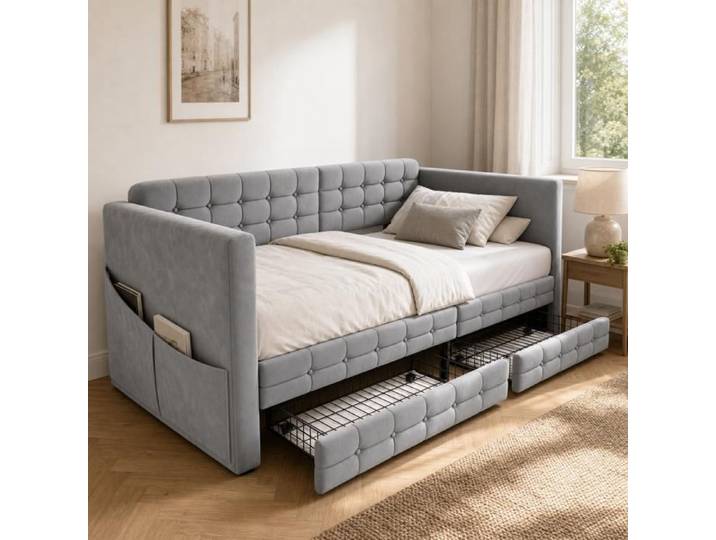 Lit rembourré lit canapé 90x190 cm velours gris clair tiroirs coffre rangement côté