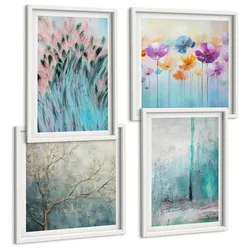 BILDER SET 4er Set - 50x50 cm & 40x60 cm Weißer Rahmen - Hintergrundmuster mit Pastellblumen