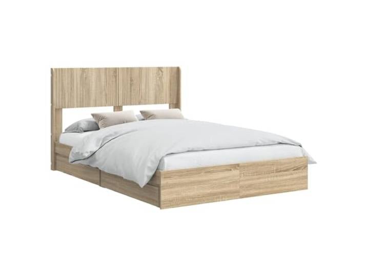 PUGYNBK Bettgestell mit Stauraum und Kopfteil in Sonoma-Eiche Hochwertiges Holz, Basis mit Lamellen, integrierte Fächer, modernes Design, einfache Reinigung