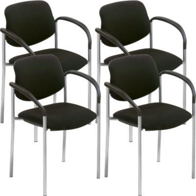 Nowy Styl Besucherstuhl STYL, mit Armlehnen, stapelbar bis 6 Stück, bis 110 kg, Bezugsstoff schwarz, Gestell alusilber, 4 Stück