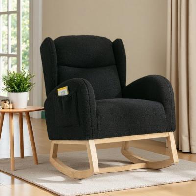 Teddy Fabric Upholstered Rocking Armchair with Solid Wood Legs & Ergonomic Backrest, Cozy Cushioned Lounge Rocker