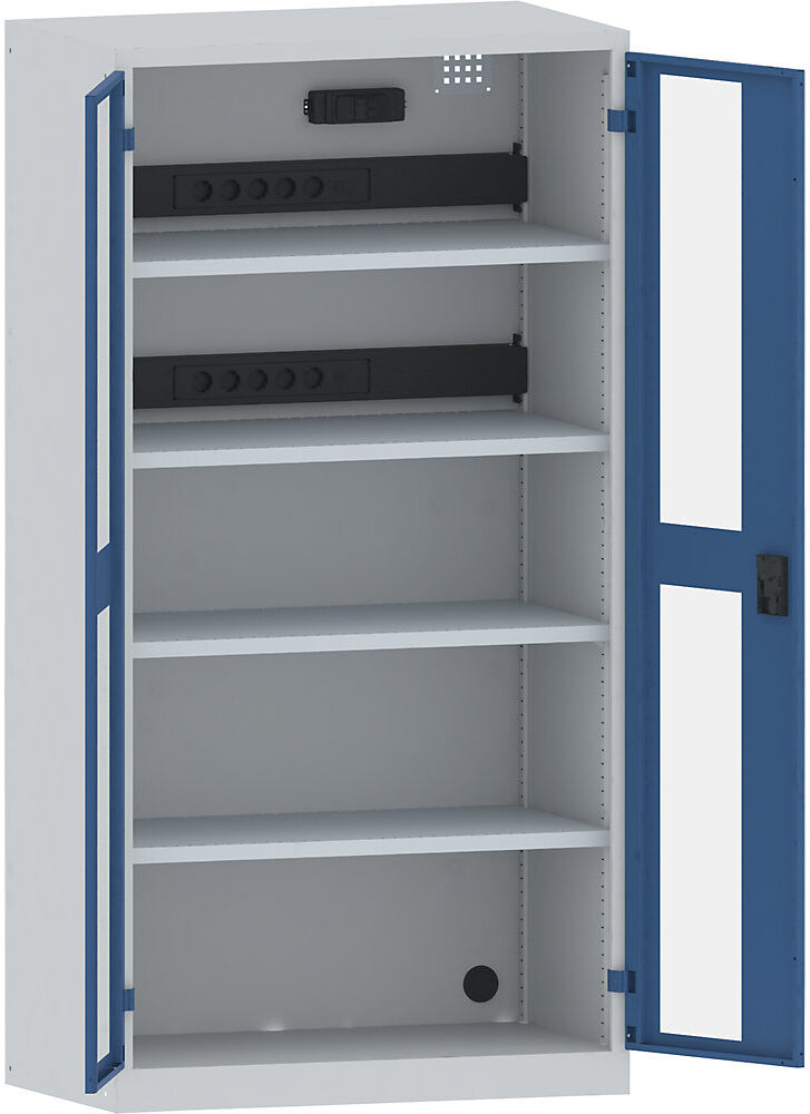 Akku-Ladeschrank, 4 Fachböden, Sichtfenstertüren, 2 Energieleisten rückseitig mit FI/LS-Schalter, grau / blau LISTA