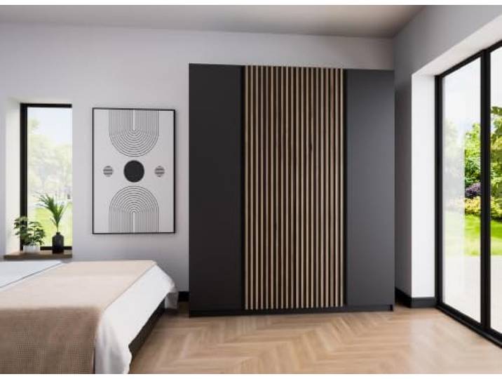 AX Living Nehir Schrank 200 cm Schwarz, 2 Lamellentüren mittig 2 Lamellen mittig; 2 glatte Türen – Stauraum mit Stil.