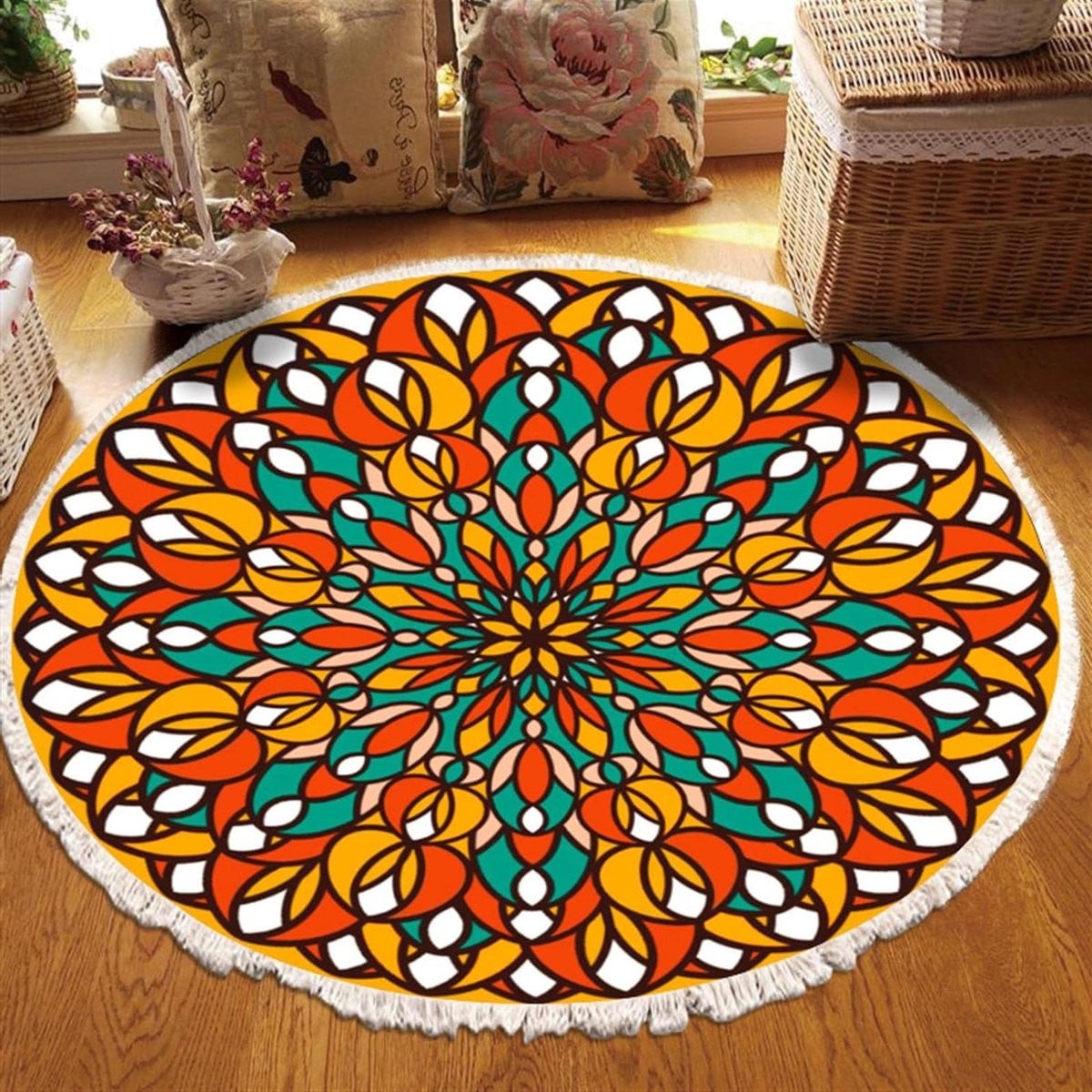 Rond Katoenen Vloerkleed Bohemian met Franjes - Wit