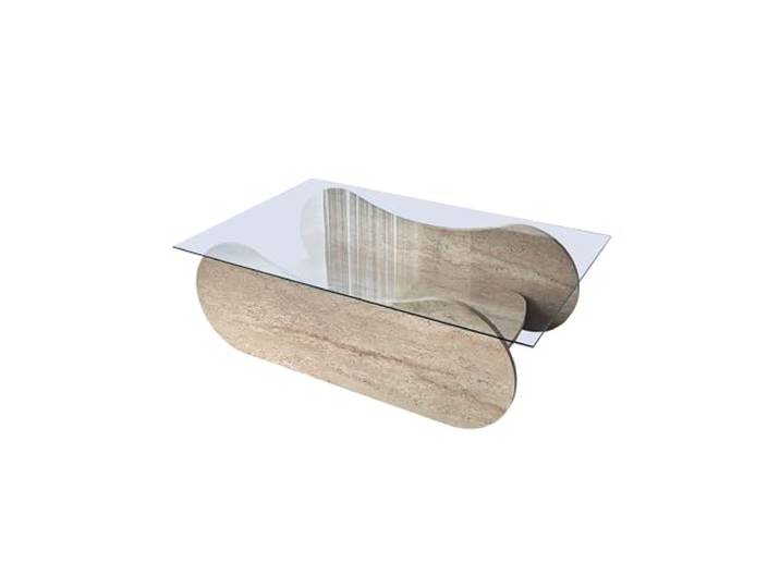 Hanah Home Modern Coffee Table, 105 cm Width, 35 cm Height, 65 cm Depth 100% Tempered Glass & Melamine Coated Frame Elegant Travertine & Transparent Design