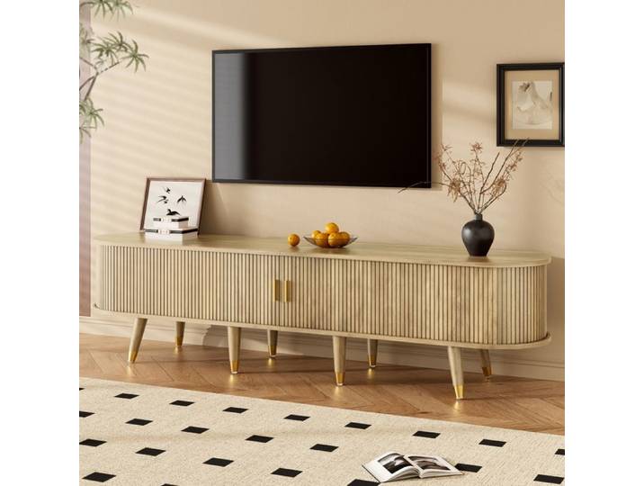 Meuble Télévision 175x38x45 cm COZHYESS Banc TV Salon Portes Coulissantes Grand Rangement Tiroirs Niches Détails Dorés - Chêne