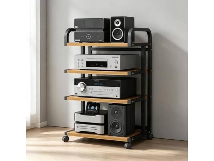 YHTCSXMD Mobiles HiFi Rack mit Rollen, 3/4/5 Ebenen Stahlrahmen 2,5 cm Holzoptik-Ablagen, Audio Rack mit Bremsen für Wohnzimmer, Büro und Geschäft