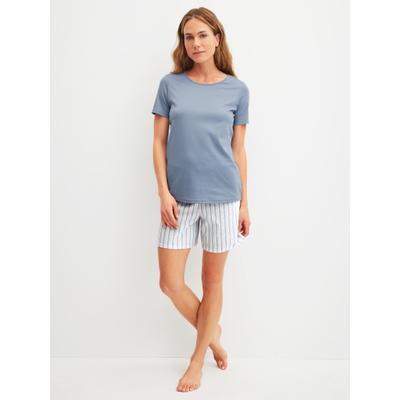 Shorty CALIDA "Striped Dreams", Damen, Gr. S (40/42), blau (aura blau), Interlock, Obermaterial: 100% Baumwolle, Basic kurz, Rundhals, Homewear-Sets Shorty, weich, Pure Cotton, Kurzarm, Rundhals, Interlock-Qualität
