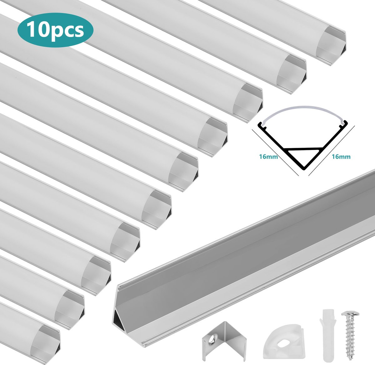 Aluminium LED-strip opbouwprofiel V-vorm, Zilver, 10 x 1 m, Hoogte: 1,6 cm
