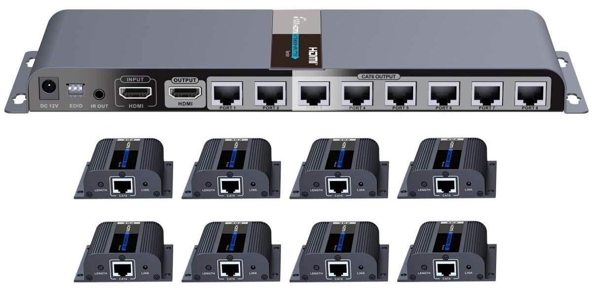 PremiumCord HDMI Splitter 1-8 + 8x Extender CAT6/6a/7, Metallgehäuse, LED Status