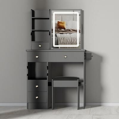 ZWYO HOSIMU "29.2"" Vanity Table Set with Sliding LED Mirror and Power Station"