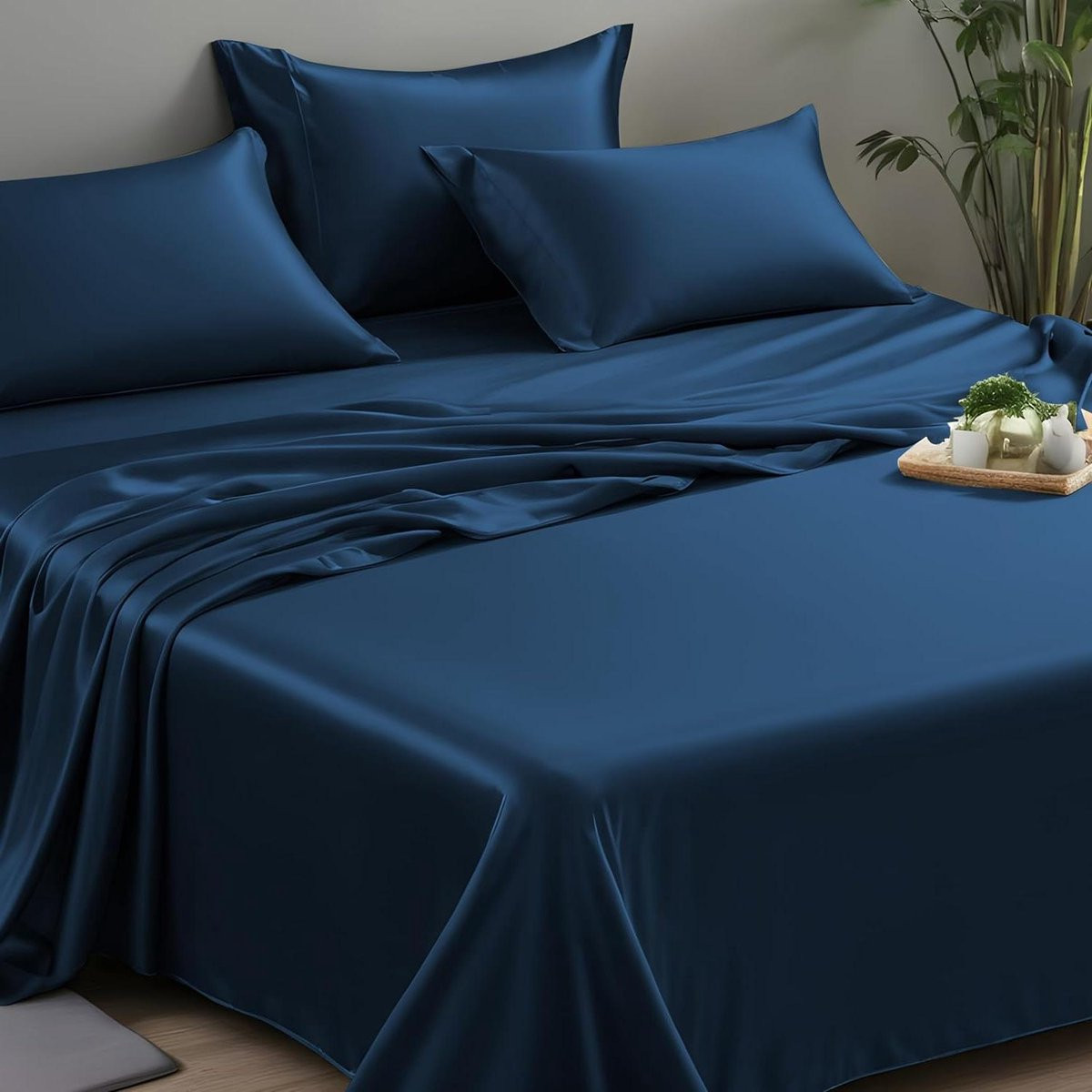 Bamboe plat laken Queen - Marineblauw