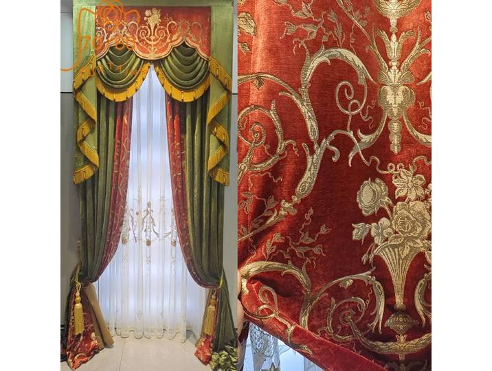 Rideaux occultants en Chenille épaisse rouge vert, pour salon, chambre à coucher, fenêtre française, cantonnière personnalisée pour Villa