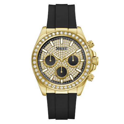 Multifunktionsuhr GUESS "VICTOR", gold (schwarz, champagnerfarben, champagnerfarben), Armbanduhren, Herren, goldfarben, Quarzuhr, Armbanduhr, Herrenuhr, Silikonarmband, analog, Tag