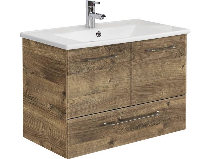 Waschtisch SAPHIR Quickset Keramikwaschtisch mit Unterschrank, 75 cm breit, Waschplatz , braun (eiche ribbeck, eiche ribbeck, eiche ribbeck), B:75cm T:45cm, Holzwerkstoff, Keramik, Waschtische, Waschtisch, Griffe in Chrom Glanz, inkl. Türdämpfer, 2 Türen, 1 Schublade