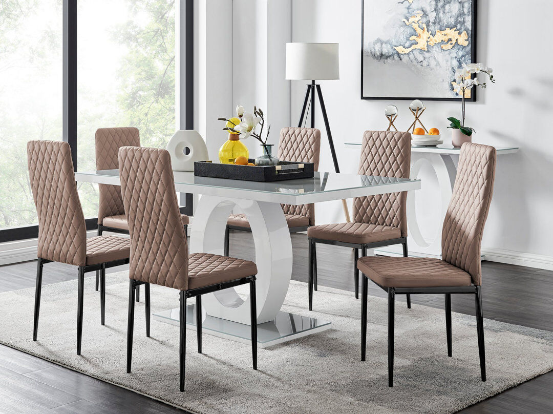 Canora Grey Scottsmoor High Gloss Halo Dining Table Set & 6 Luxury Faux Leather Dining Chairs - Modern Design Cappuccino/Black 6