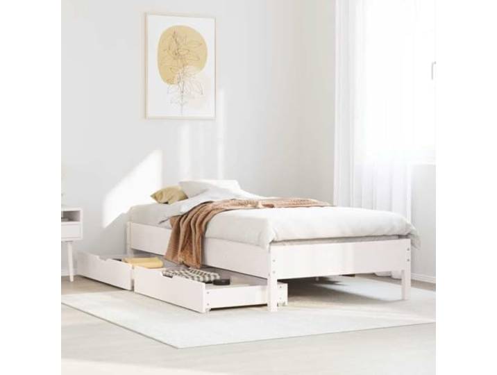 RJPLMFV Bettgestell, Weiß, 100 x 200 cm, massives Kiefernholz mit 2 Schubladen Stauraum Lattenrost Rollen Schlafzimmer