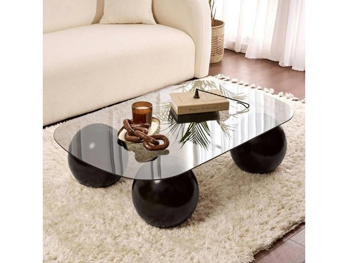 Table basse en verre moderne, rectangle bords arrondis KOCHI - Fumé