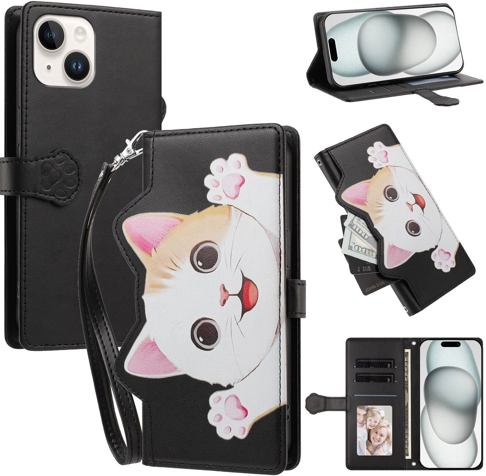 INCOVER iPhone 14 / 13 Flip Cover - 3D Katteører - Kortholder - Ståfunktion - Sort
